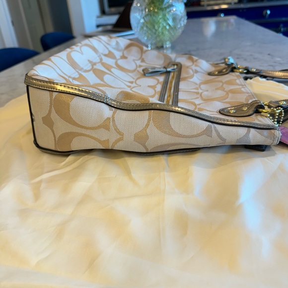 Coach gold and tan jacquard fabric tote with tan trim, pink satin lining. - Picture 10 of 12